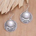 Cultured pearl dangle earrings, 'Garden and Heaven' - Sterling Silver Cultured Pearl Dangle Earrings from Bali