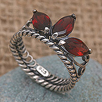Garnet cocktail ring, 'Queen of the Jungle in Red' - Garnet and Sterling Silver Crown-shaped Cocktail Ring