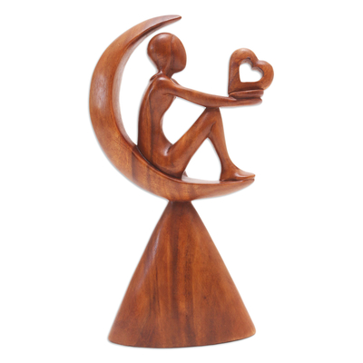 Wood sculpture, 'A Father's Hope' - Suar Wood Figure Sculpture with Heart Motif