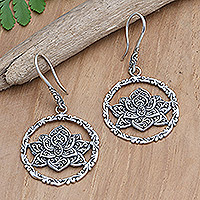 Sterling silver dangle earrings, 'Coveted Lotus' - Handmade Javanese Floral Sterling Silver Dangle Earrings