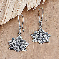Sterling silver dangle earrings, 'Enchanted Lotus' - Handmade Floral Sterling Silver Dangle Earrings from Java