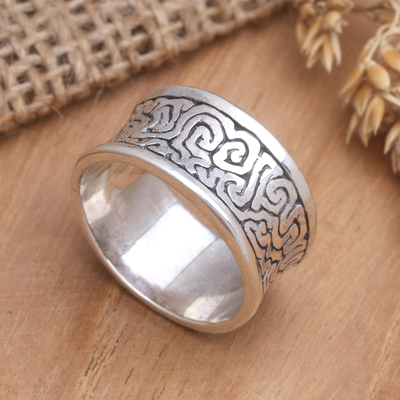 Men's sterling silver band ring, 'In a Labyrinth' - Men's Sterling Silver Band Ring with Labyrinth Motif