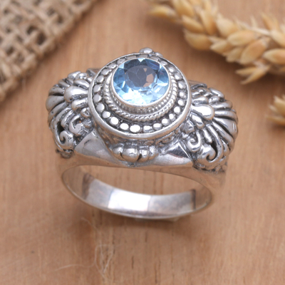 Blue topaz cocktail ring, 'Serene Glow' - Faceted Blue Topaz Cocktail Ring Made in Bali