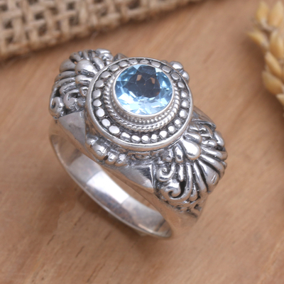 Blue topaz cocktail ring, 'Serene Glow' - Faceted Blue Topaz Cocktail Ring Made in Bali