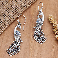 Blue topaz dangle earrings, 'Blue Peacock Queen' - Sterling Silver and Blue Topaz Dangle Earrings with Peacocks
