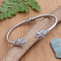 Amethyst cuff bracelet, 'Twin Starfish in Purple' - Handcrafted Sterling Silver Amethyst Cuff Bracelet from Bali
