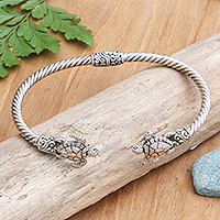 Amethyst cuff bracelet, 'Twin Turtles' - Handcrafted Sealife Sterling Silver Cuff Bracelet from Bali