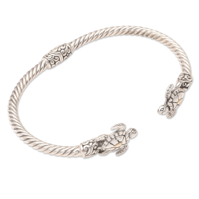 Amethyst cuff bracelet, 'Twin Turtles' - Handcrafted Sealife Sterling Silver Cuff Bracelet from Bali