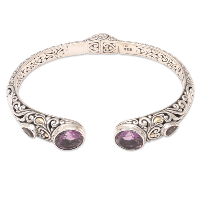 Gold-accented amethyst and garnet cuff bracelet, 'Divine Woman' - Bali Sterling Silver Cuff Bracelet with Amethyst and Garnet