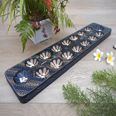 Batik wood mancala game, 'Spirited Game in Blue' - Artisan Crafted Handmade Albesia Wood Foldable Mancala Board