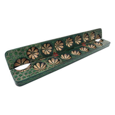 Batik wood mancala game, 'Spirited Game in Green' - Handmade Batik Wood Mancala Board Game in Green