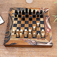 Hand painted wood chess set, 'Basuki' - Handcrafted Wood Chess Set from Bali