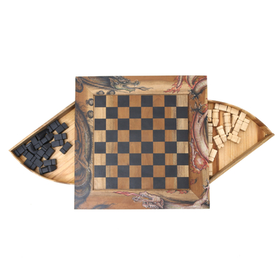Juego de ajedrez de madera pintado a mano, 'Basuki' - Juego de ajedrez de madera hecho a mano de Bali