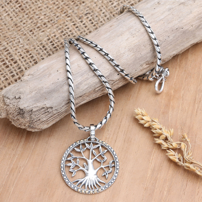 Sterling silver pendant necklace, 'Under Protection' - Sterling Silver Pendant Necklace with Tree of Life Motif