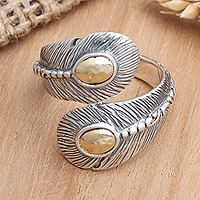 Gold-accented wrap ring, 'Feathered Friend' - Gold-Accented Wrap Ring with Feather Motif