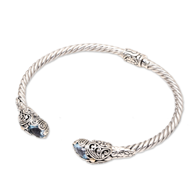 Gold-accented blue topaz cuff bracelet, 'Blue Beverage' - Balinese Blue Topaz and Sterling Silver Cuff Bracelet