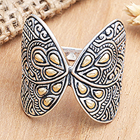 Gold-accented cocktail ring, 'Give Me Butterflies' - Gold-Accented Cocktail Ring with Butterfly Motif