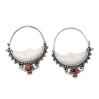Garnet hoop earrings, 'Slumbering Moon' - Garnet Hoop Earrings with Crescent Moon Motif