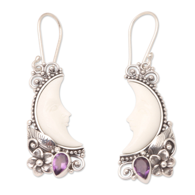 Amethyst dangle earrings, 'Dusky Dreams' - Amethyst Dangle Earrings with Crescent Moon Motif