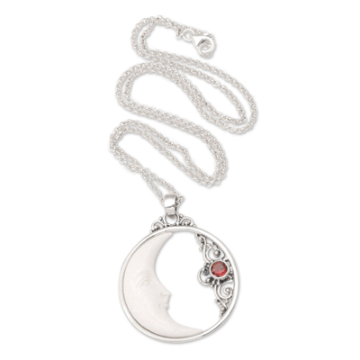 Garnet pendant necklace, 'Knighted Moon' - Garnet Pendant Necklace with Crescent Moon Motif
