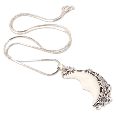 Blue topaz pendant necklace, 'Flowering Moon' - Blue Topaz Pendant Necklace with Crescent Moon Motif