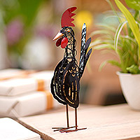 Steel statuette, 'Black Brave Chicken' - Handcrafted Black Steel Chicken Statuette from Indonesia