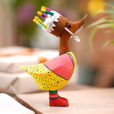 Wood figurine, 'Birthday Duck' - Bamboo Root and Teak Duck Figurine with a Birthday Cake Hat