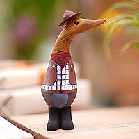 Wood figurine, 'Cowboy Duck' - Bamboo Root and Teak Hand-Painted Cowboy Duck Figurine