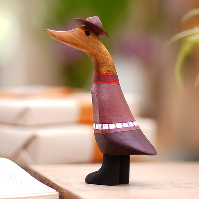 Holzfigur - Handbemalte Cowboy-Entenfigur aus Bambuswurzel und Teakholz