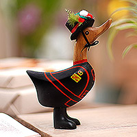 Wood figurine, 'Yeomen Warder Duck' - Bamboo Root and Teak Hand-Painted English Duck Figurine