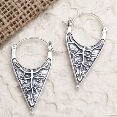 Sterling silver hoop earrings, 'Balinese Roots' - Handmade Sterling Silver Sea Catch Hoop Earrings from Bali