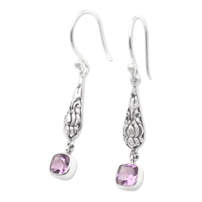 Amethyst dangle earrings, 'Purple Burgeon Lotus' - Sterling Silver and Amethyst Dangle Earrings from Bali