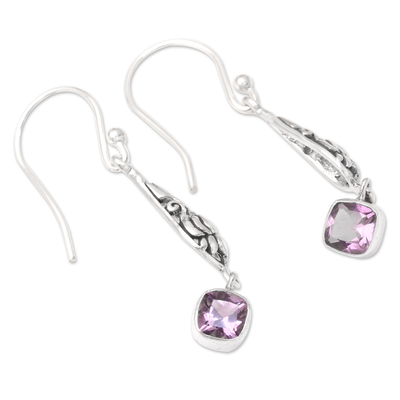 Amethyst dangle earrings, 'Purple Burgeon Lotus' - Sterling Silver and Amethyst Dangle Earrings from Bali