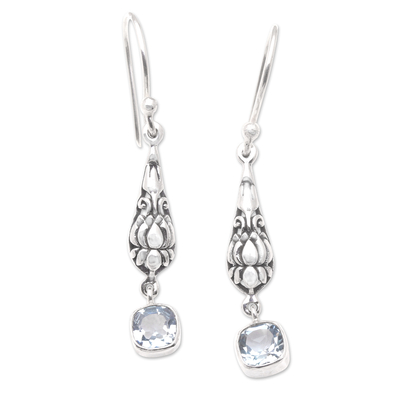 Sterling Silver and Blue Topaz Dangle Earrings from Bali, 'Blue Burgeon  Lotus'