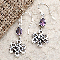 Amethyst dangle earrings, 'Bloom Dignity in Purple' - Celtic Knot Amethyst 925 Silver Dangle Earrings from Bali