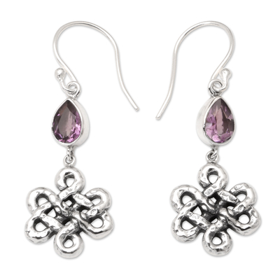 Amethyst dangle earrings, 'Bloom Dignity in Purple' - Celtic Knot Amethyst 925 Silver Dangle Earrings from Bali