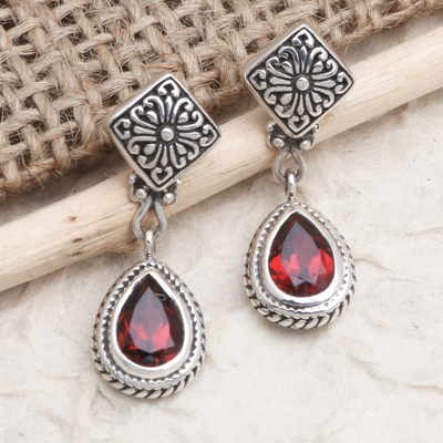Garnet dangle earrings, 'What the Heart Wants' - Balinese Sterling Silver and Garnet Dangle Earrings