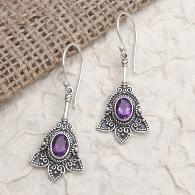 Amethyst dangle earrings, 'Visionary Soul' - Balinese Sterling Silver and Amethyst Dangle Earrings