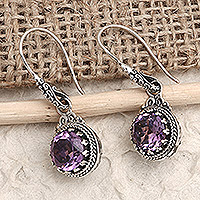 Amethyst dangle earrings, 'Fortunate Dreamer' - Balinese Sterling Silver and Amethyst Dangle Earrings