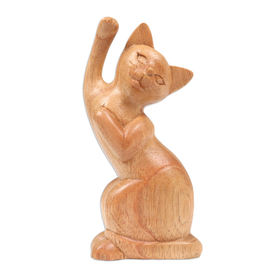 Hand-Carved Jempinis Wood Cat Sculpture from Bali