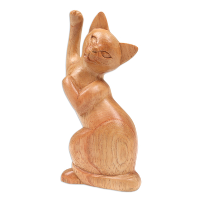 Brown Cat Sculpture Hand-Carved from Jempinis Wood in Bali, 'Cunning Cat