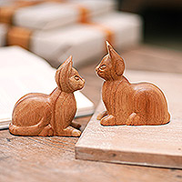 Wood sculptures, 'Feline Guardians' (pair)