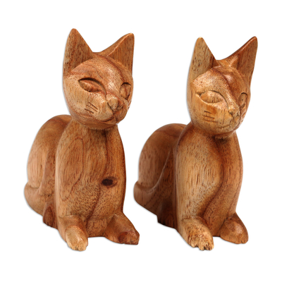 Wood sculptures, 'Feline Guardians' (pair) - Balinese Hand-Carved Jempinis Wood Cat Sculptures (Pair)