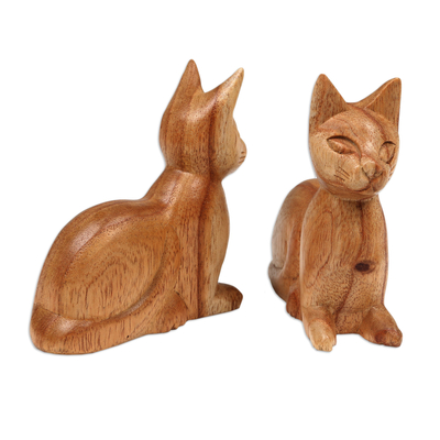 Wood sculptures, 'Feline Guardians' (pair) - Balinese Hand-Carved Jempinis Wood Cat Sculptures (Pair)