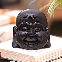 Wood sculpture, 'Laughing Monk' - Hand-Carved Buddha Wood Sculpture from Bali