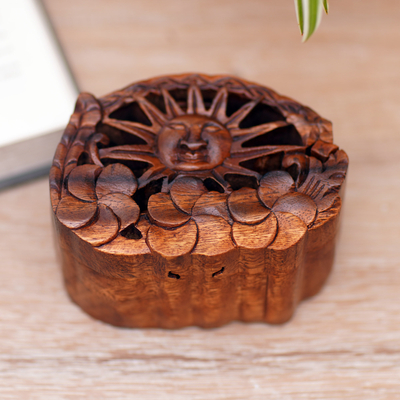 Wood puzzle box, 'Sunlight Blooms' - Suar Wood Puzzle Box Hand-Carved in Bali