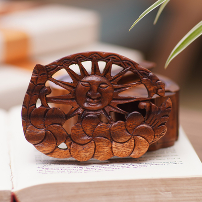 Wood puzzle box, 'Sunlight Blooms' - Suar Wood Puzzle Box Hand-Carved in Bali