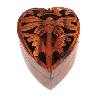 Wood puzzle box, 'Tenderness of a Dragonfly' - Suar Wood Hand-carved Puzzle Box with Dragonfly Motif