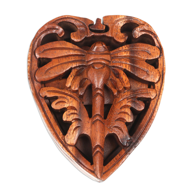 Wood puzzle box, 'Tenderness of a Dragonfly' - Suar Wood Hand-carved Puzzle Box with Dragonfly Motif