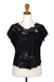 Hand-embroidered rayon blouse, 'Night Bloom' - Hand-Embroidered Black Rayon Blouse with Floral Motif thumbail